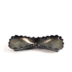 Vintage Silver Metal Trinket Dish Tray Footed Bow Ruffled Edges